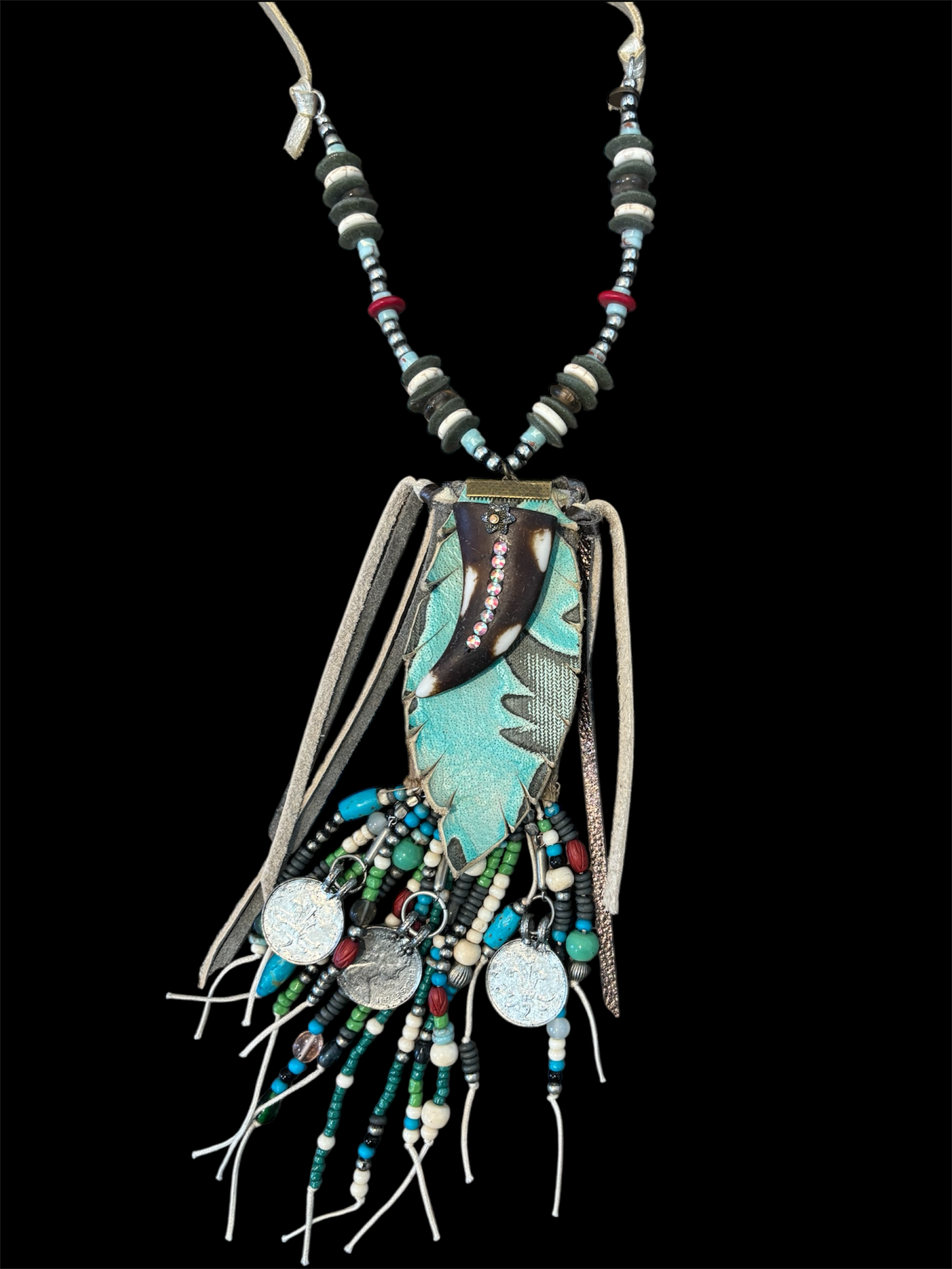 Native American Bead and Leather Fringe Necklace