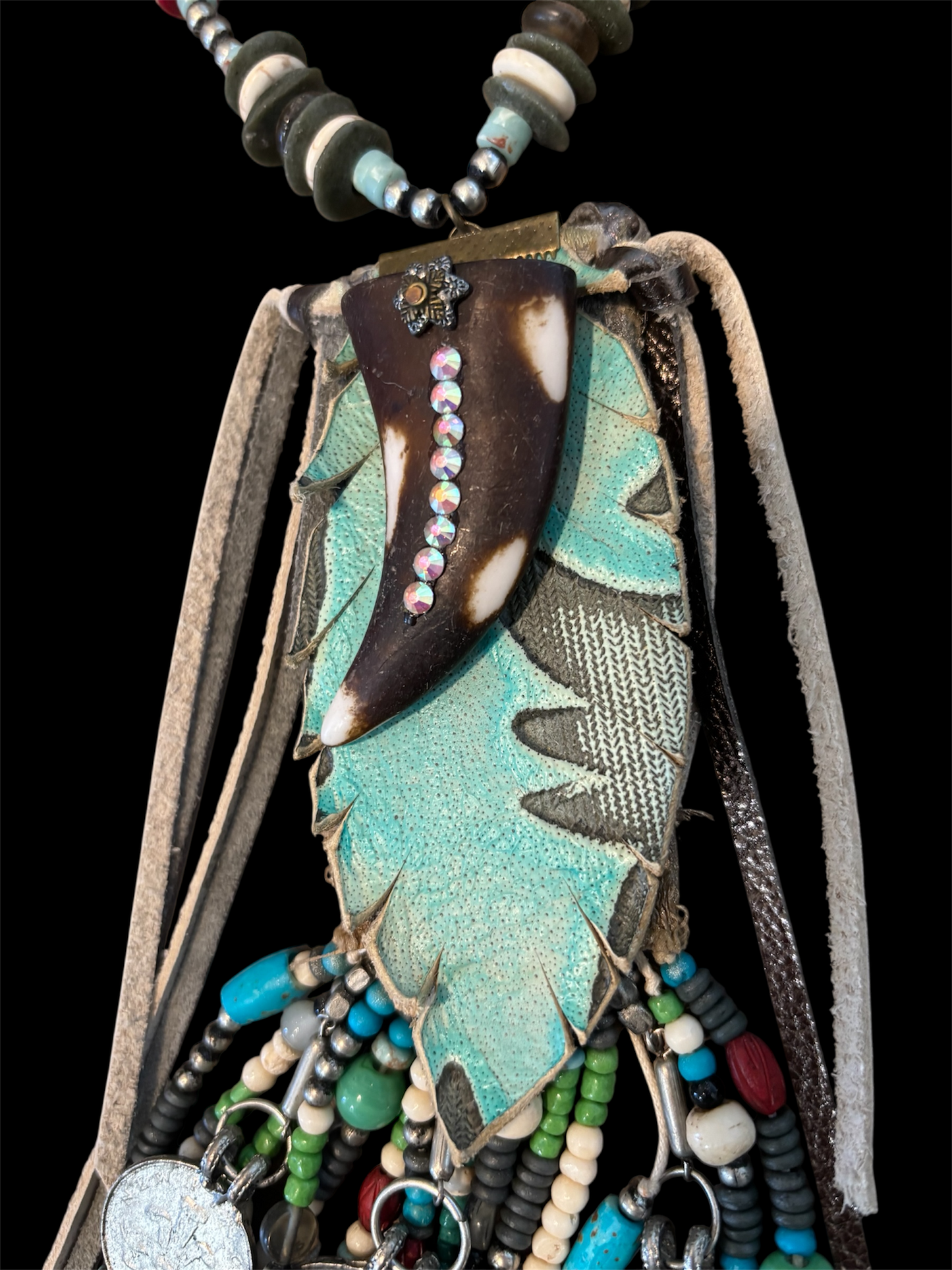 Native American Bead and Leather Fringe Necklace