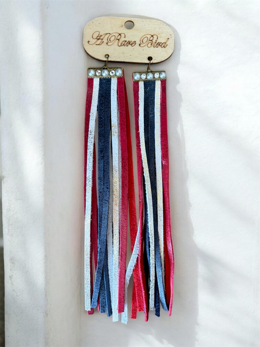 Red, White, and Blue Leather Tassel Earrings