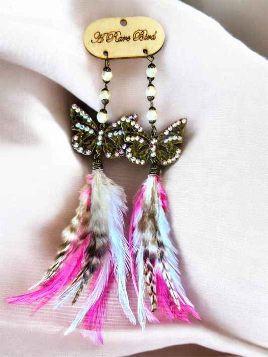 Pink Crystal Butterfly Feather Earrings