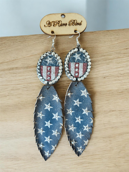 Soldered Flag Leather Feather Earrings