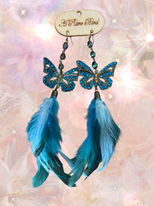 Blue Crystal Butterfly Feather Earrings
