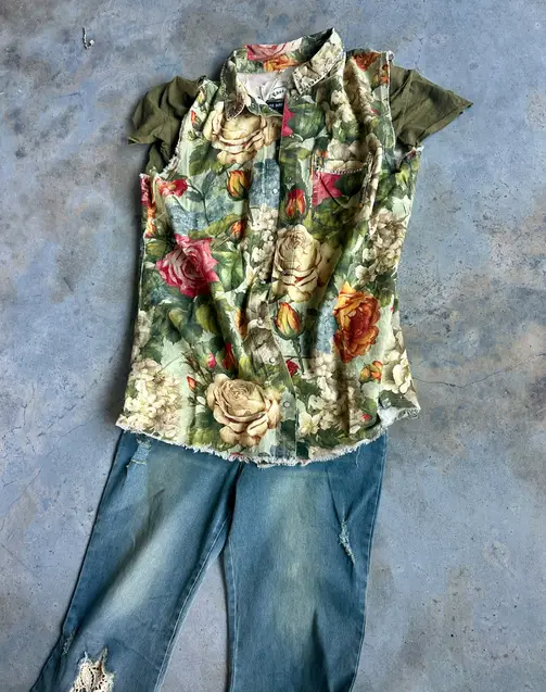 Olive Floral Flannel Vest