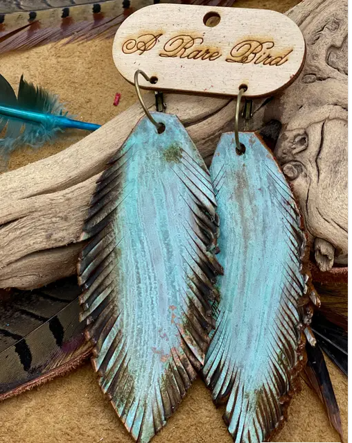 Hand-cut Patina Leather Feather Earrings