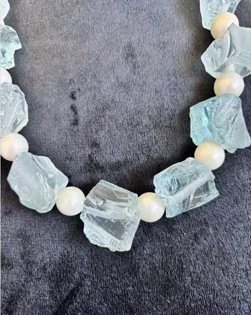 Raw Aquamarine Crystal Pearl Choker