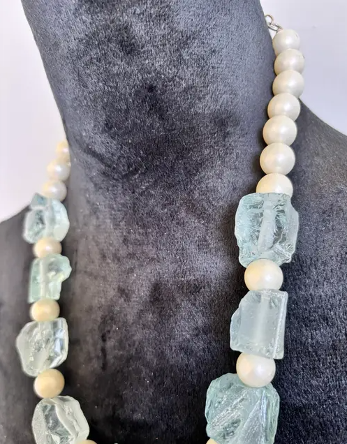 Raw Aquamarine Crystal Pearl Choker