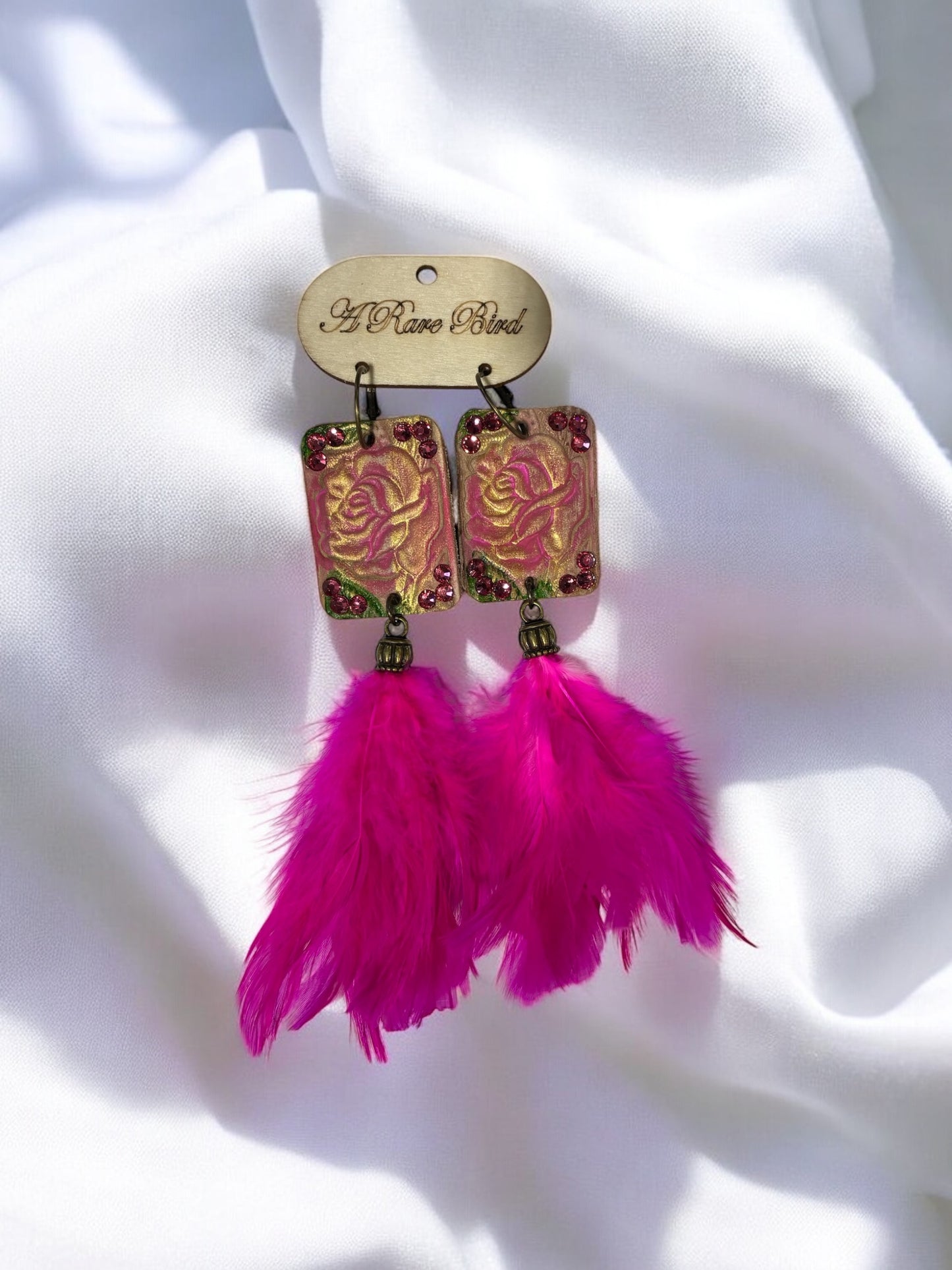 Magenta Feather Tooled Earrings