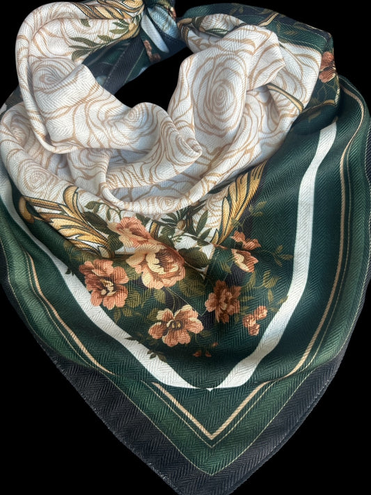 Hunter Green and White Roses Silk Velvet Wild Rag